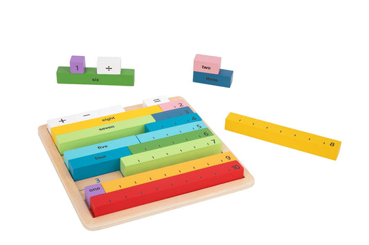 Colorful counting game board with math learning rods for engaging educational play at home.