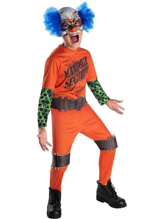 Kids clown prison guard costume with mask for playful home dress-up fun.