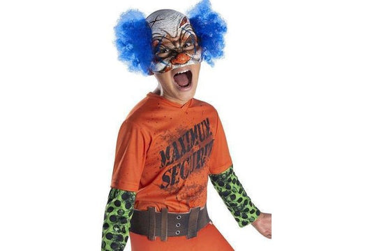 Kids clown prison guard costume with mask for playful dress-up at home.