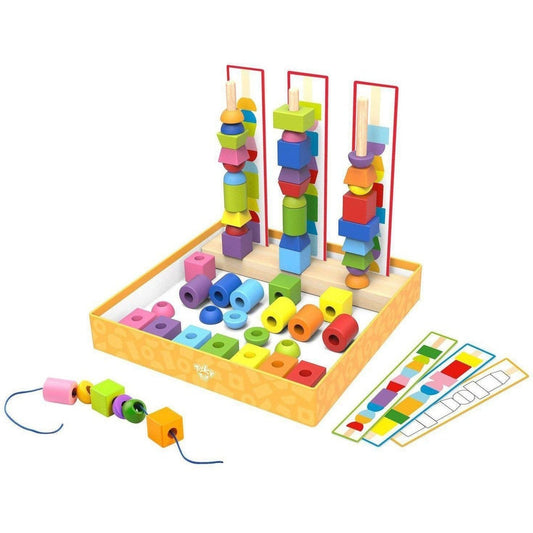 Colorful maze bead game box for childrens entertainment and skill development at home.