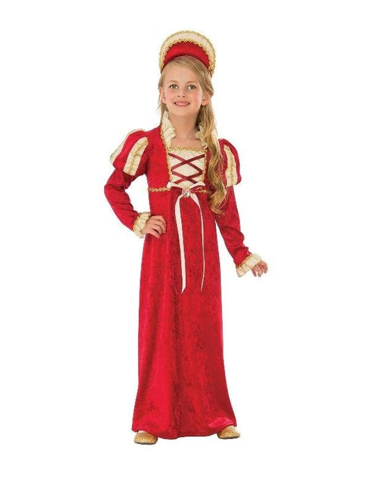 Girls medieval princess costume with velour and satin dress, perfect for imaginative play at home.