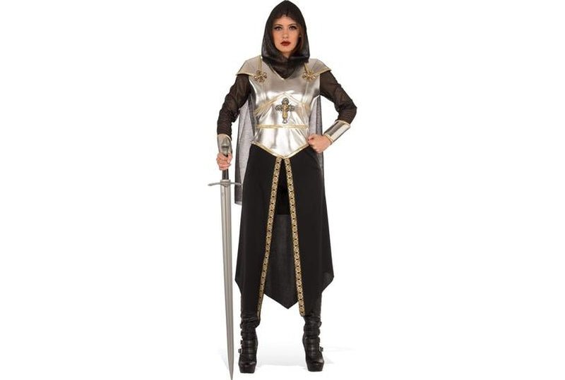 Medieval warrior princess costume for women with ornate detailing, ideal for childrens dress-up play.