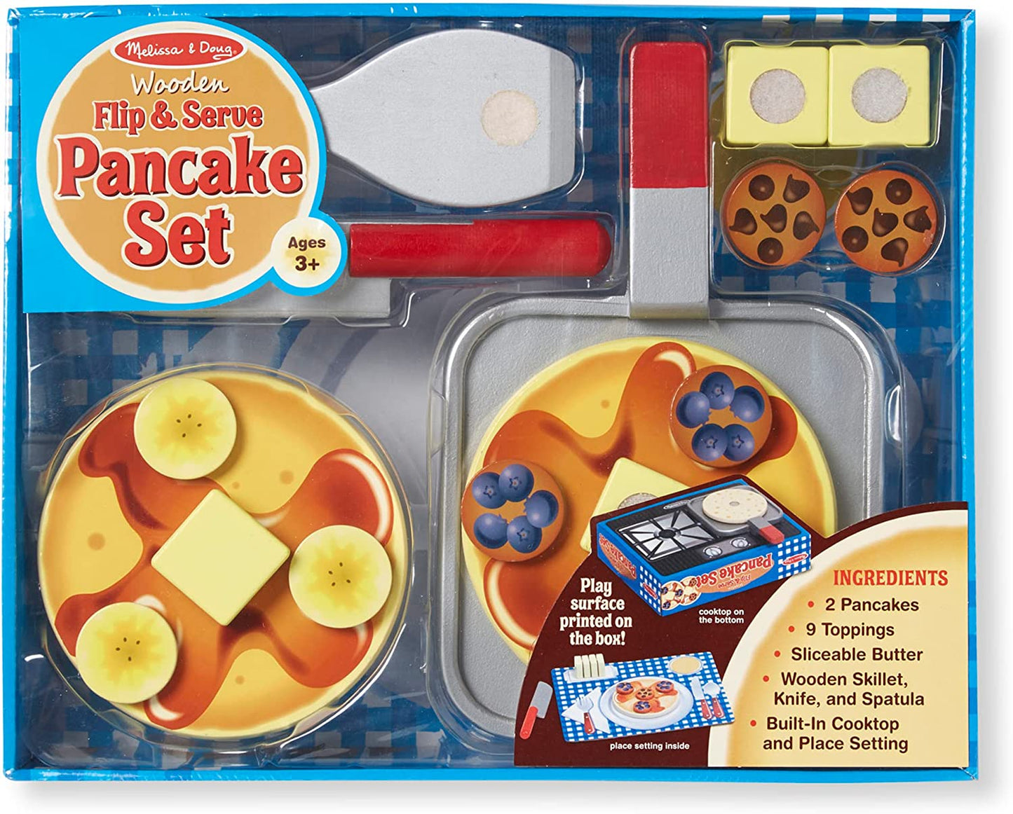 Melissa and Doug Wooden Pancake Play Set with Toppings - 19 pcs, interactive pretend kitchen fun.