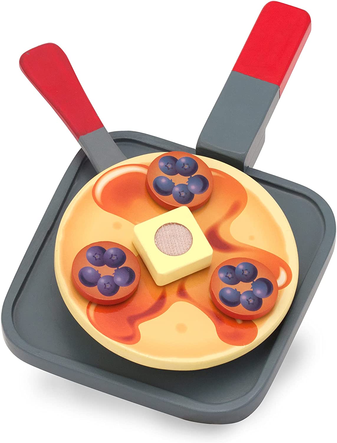 Melissa and Doug Wooden Pancake Play Set with Toppings and Utensils for imaginative play.