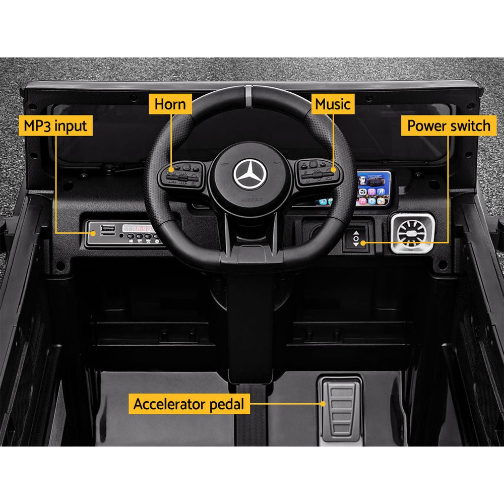 Mercedes Benz AMG G63 kids ride on car, 12V in sleek black finish.