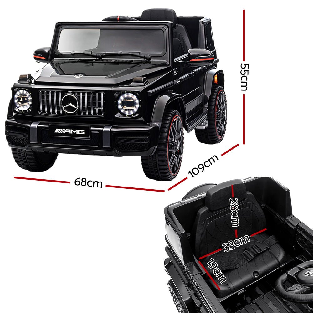 Black 12V Mercedes Benz AMG G63 Kids Ride On Car, licensed with realistic features.