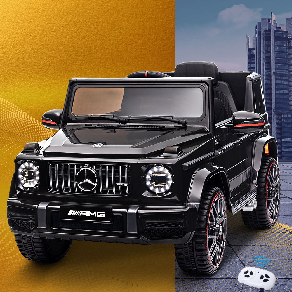 Black Mercedes Benz AMG G63 kids ride-on car, licensed design, 12V battery-powered for home fun.