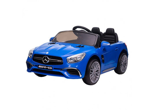 Blue Mercedes SL65 AMG kids 12v electric ride-on car for fun indoor play.