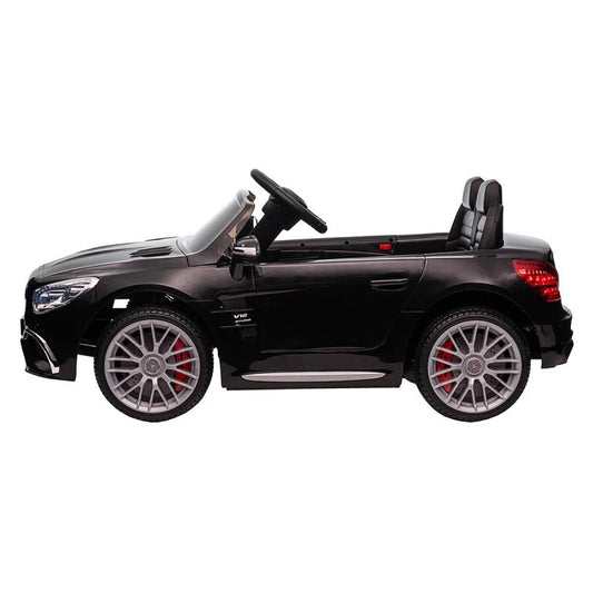 Black Mercedes SL65 AMG 12v electric ride-on car for kids, perfect for home play.