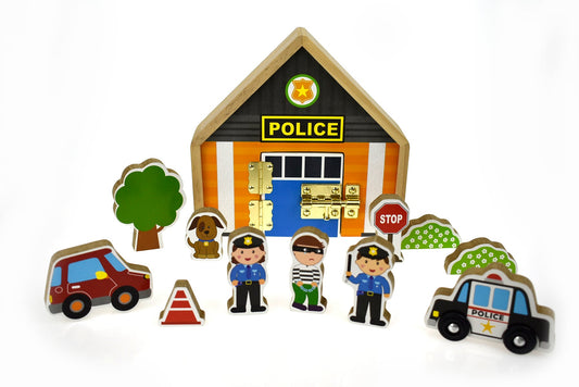 Metal latch playset featuring police theme, ideal for imaginative play at home.