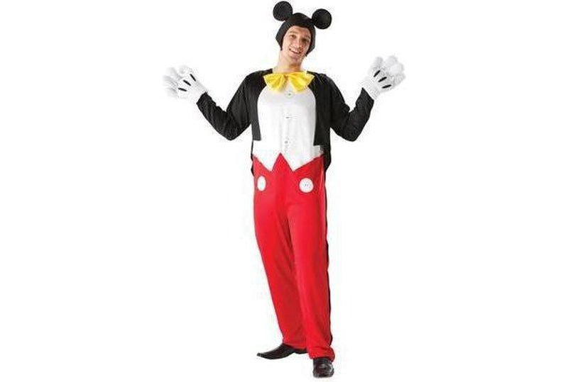 Mickey Mouse adult costume with jumpsuit and ears for childrens dress-up play at home.