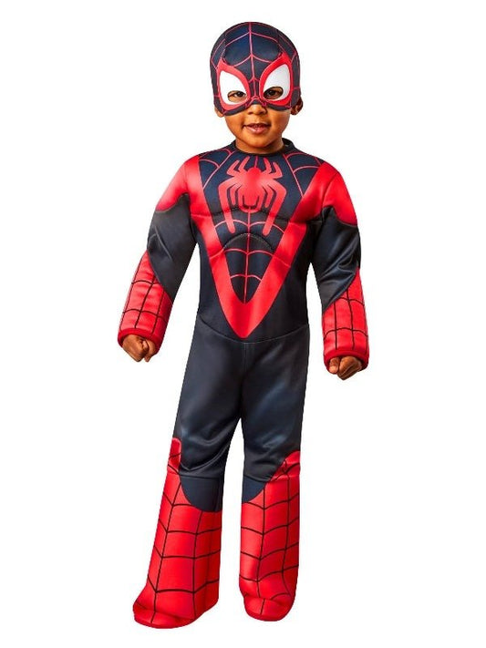 Toddler Miles Morales Spider-Man costume with padding for playful at-home superhero adventures.