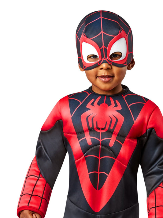 Toddlers Miles Morales Spider-Man costume with padding for imaginative play at home.