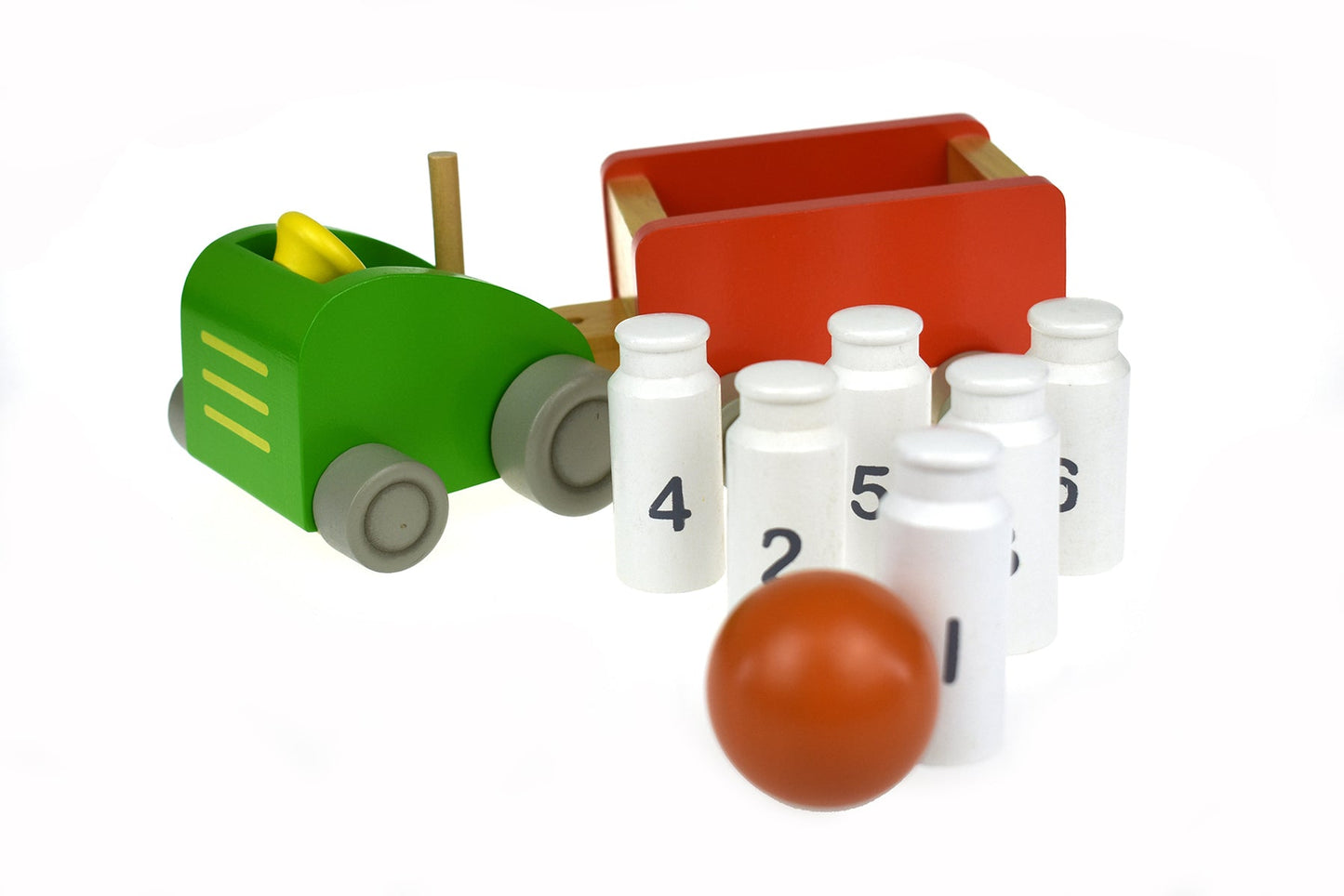 Kids tractor toy for milk bottle bowling game, fun and interactive playtime at home.