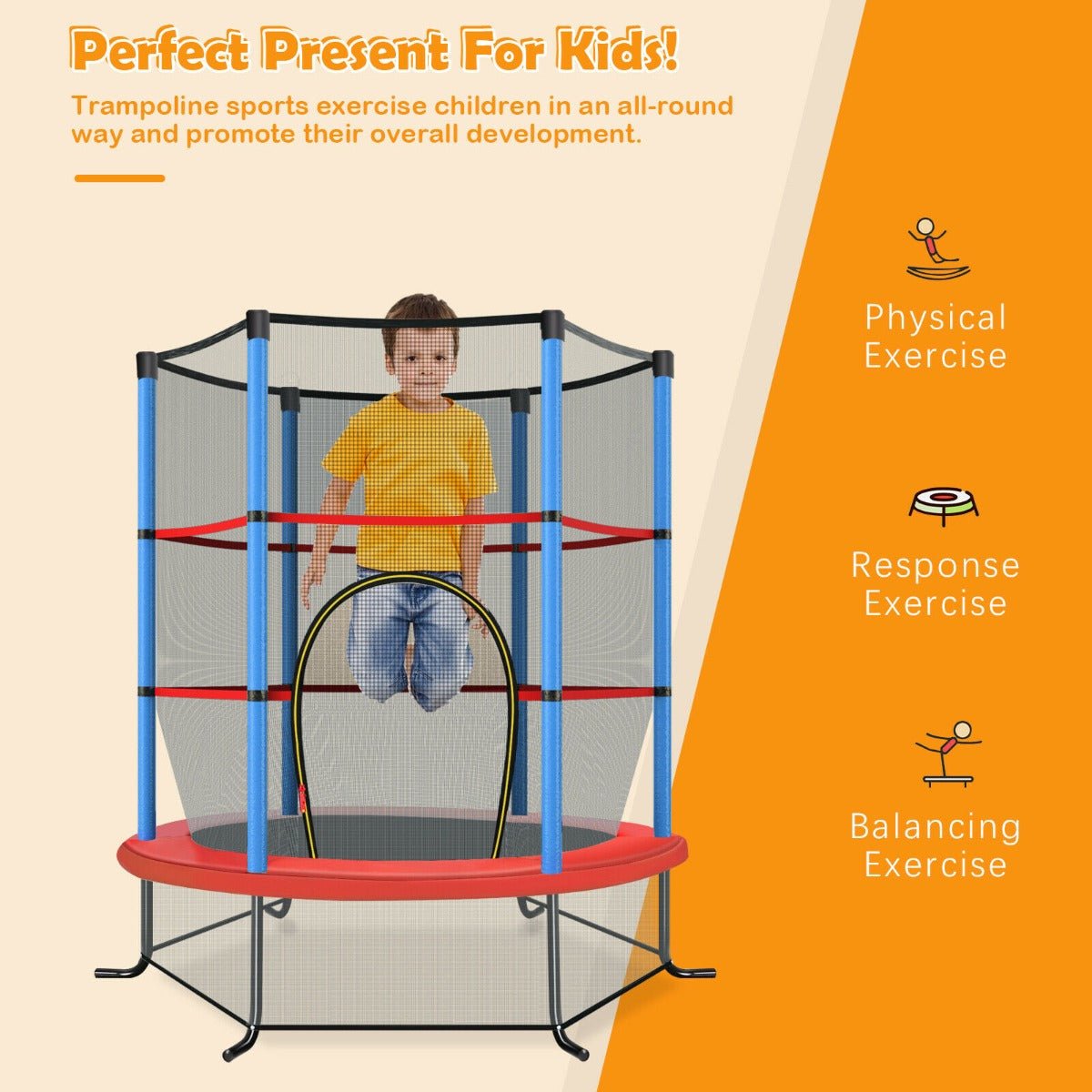 Energetic Bouncing: Blue Mini Trampoline with Safety Enclosure