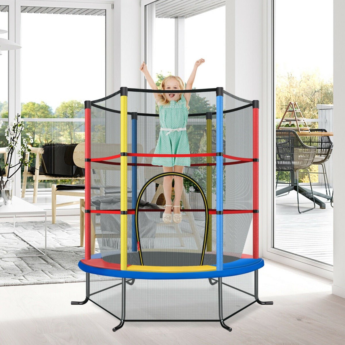 Jump into Joy: Multi Colour Mini Trampoline with Enclosure Net for Play