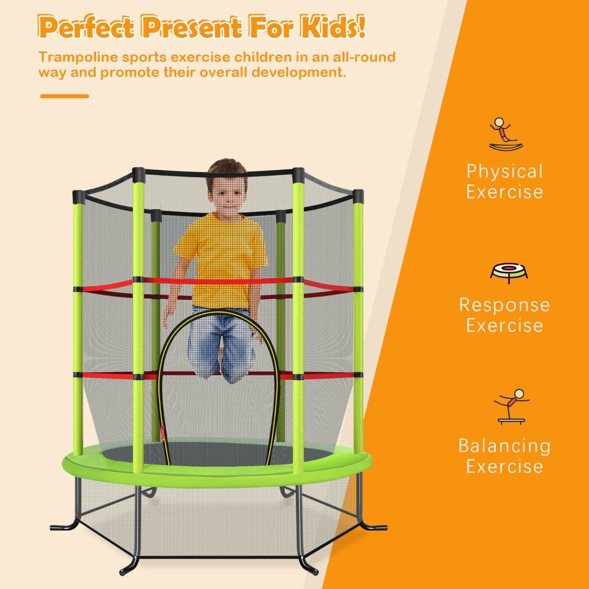 Energetic Playtime: Green Mini Trampoline with Safety Enclosure