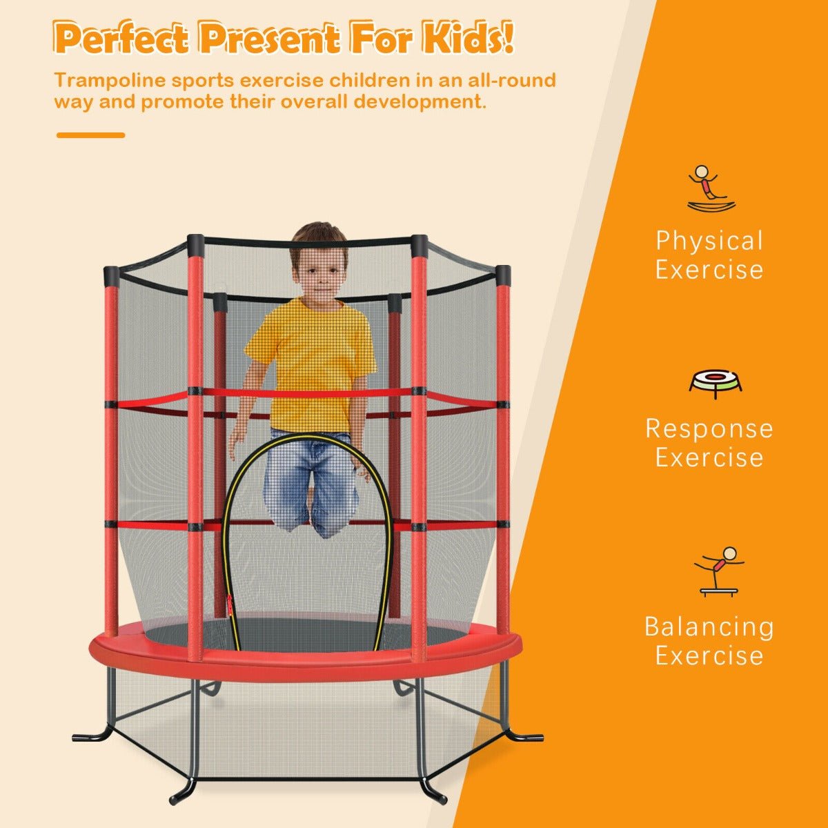 Energetic Playtime: Red Mini Trampoline with Safety Enclosure Net