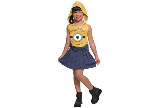 Girls hooded Minion face dress with playful design for home wear, appealing to kids.