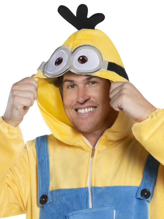 Minions Rise of Gru adult yellow jumpsuit costume, ideal for fun home dress-up play.