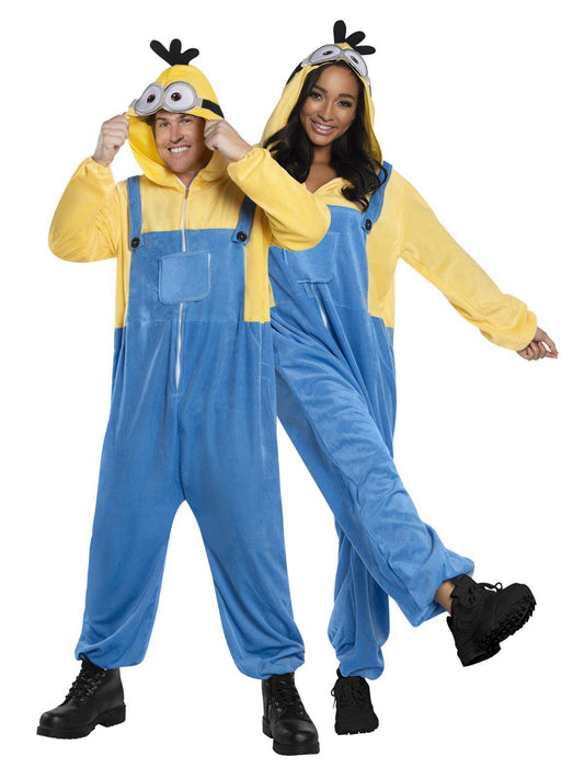 Minions Rise of Gru adult yellow jumpsuit costume, ideal for kids imaginative play at home.