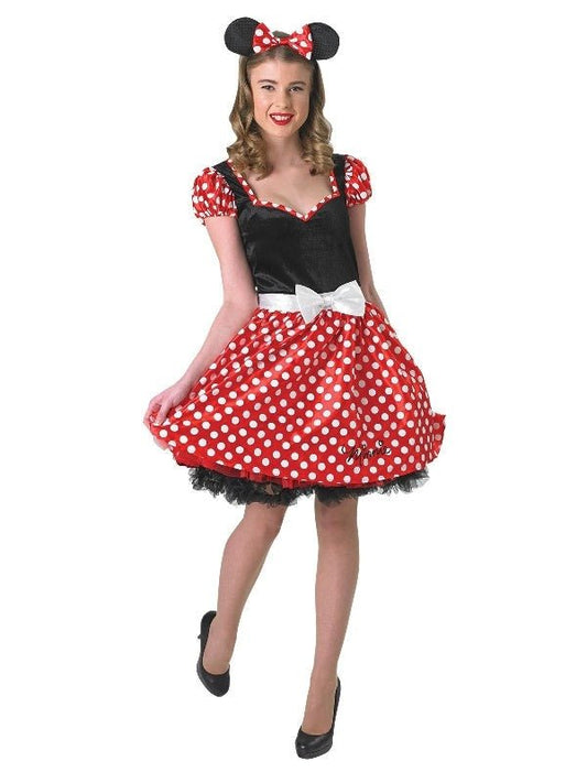 Minnie Mouse costume with dress and headband for adults, ideal for childrens dress-up play.