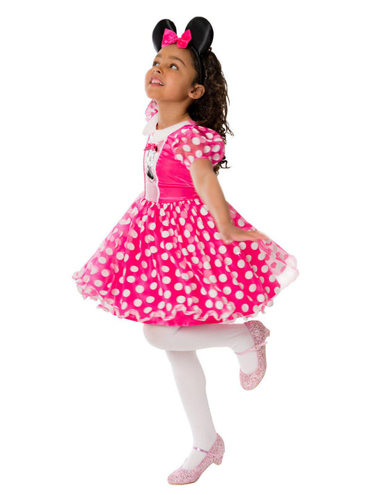 Kids Minnie Mouse pink dress costume with ears, ideal for playtime and dress-up fun.