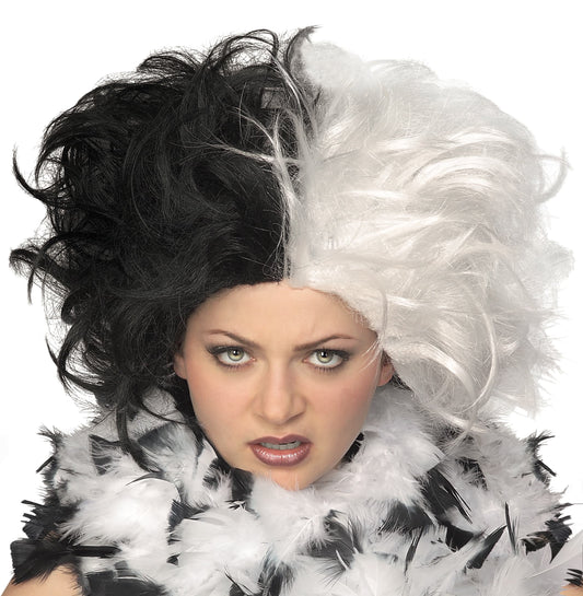 Black and white Cruella de Vil inspired costume wig for adults. Ideal for dress-up play.