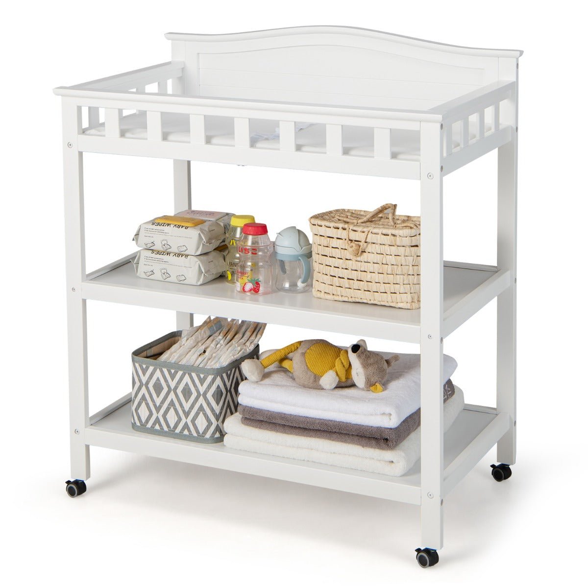 Mobile Baby Diaper Changing Station with Waterproof Pad & 2 Shelves