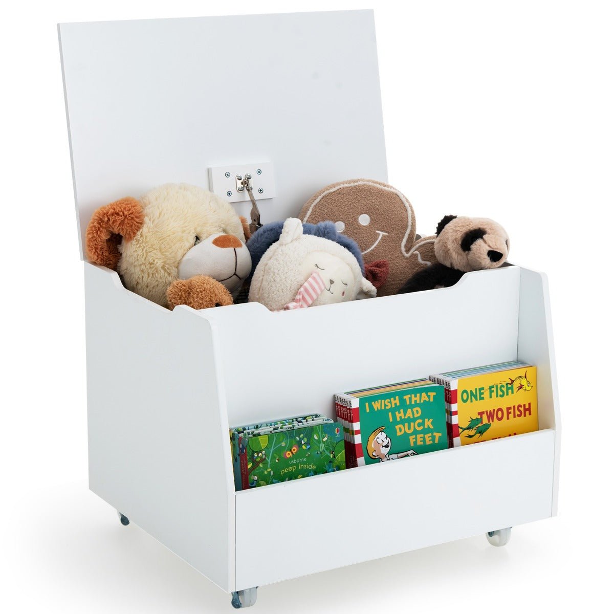 Convenient Mobile Toy Storage with Bookshelf, Wheels & Flip-Top Lid