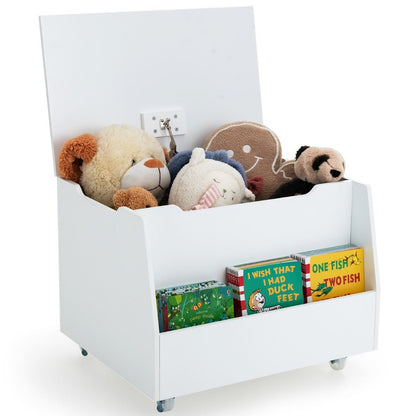 Convenient Mobile Toy Storage with Bookshelf, Wheels & Flip-Top Lid