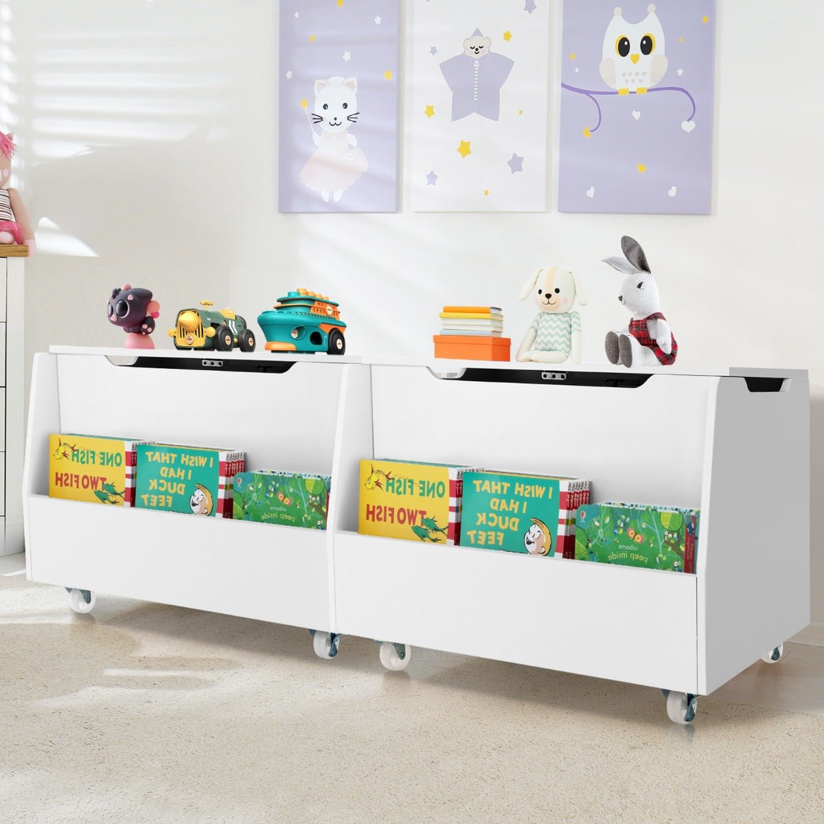 Toy Storage on Wheels - Bookshelf & Flip-Top Lid for Easy Access