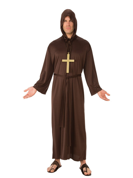 Adult brown monk robe costume with cross necklace, perfect for childrens dress-up play at home.