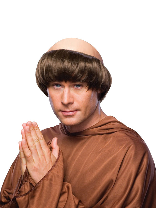 Brown Friar Monk Wig with Bald Cap for Adults, ideal for childrens costume play at home.