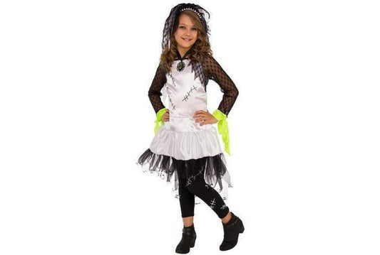 Monster Bride Girls Halloween Costume with Dress, Tights and Veil for spooky dress-up fun.