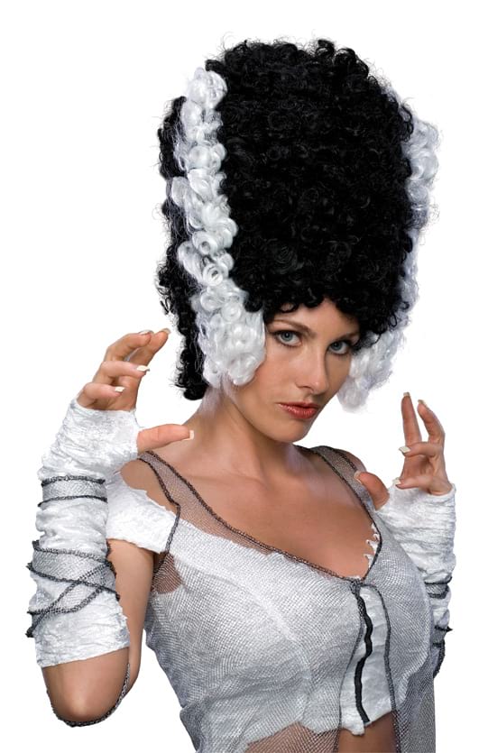 Curly black and white monster bride costume wig for adults, perfect for Halloween dress-up.