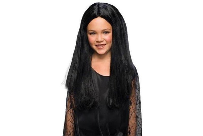 Long black Morticia Addams Child Wig perfect for Halloween costume and dress-up play