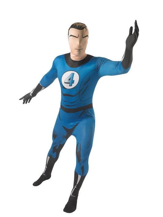 Mr. Fantastic adult costume with cape for kids superhero dress-up play at home.