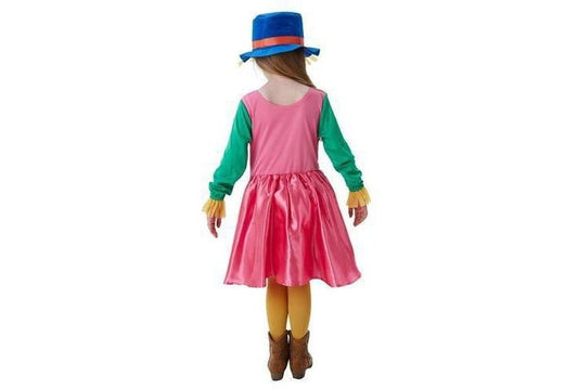 Kids Halloween Mrs. Scarecrow costume set with dress, hat, and neckerchief for home dress-up play.