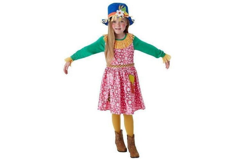 Kids Mrs Scarecrow Halloween Costume with dress, hat, and neckerchief for fun at home.