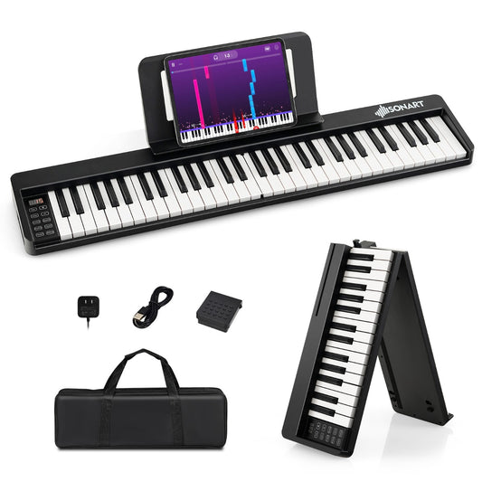 Portable 61-key folding piano keyboard with music stand for kids play and practice.