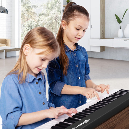 Compact 61-key folding piano keyboard with stand for kids musical practice at home.