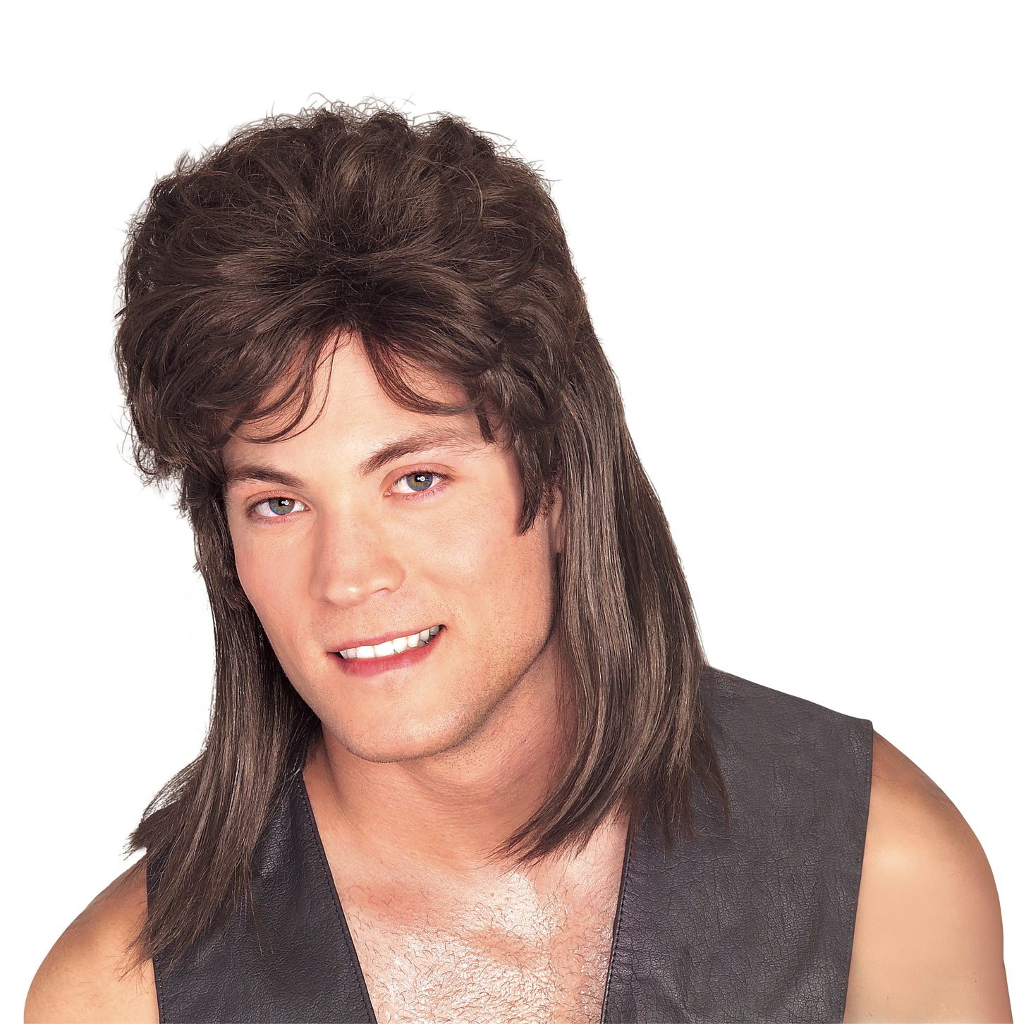 Retro brown mullet wig for adults, perfect 80s party costume accessory for nostalgic fun.