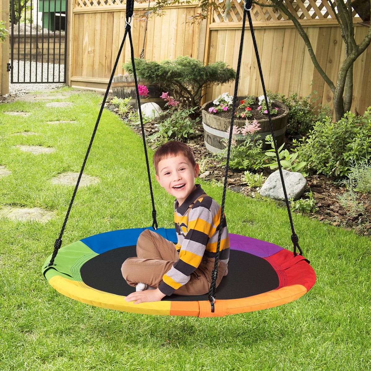 Colorful kids tree swing with 300kg capacity, perfect for outdoor play and relaxation.