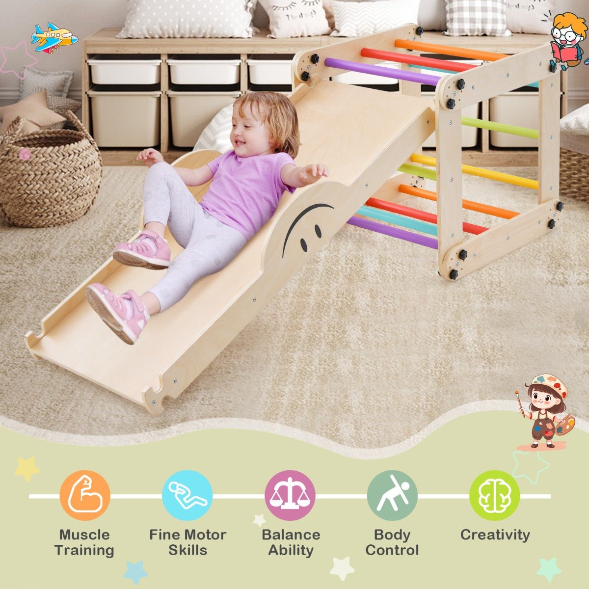 Montessori Wooden Climbing Triangle Set with Ramp and Seesaw for active indoor play.