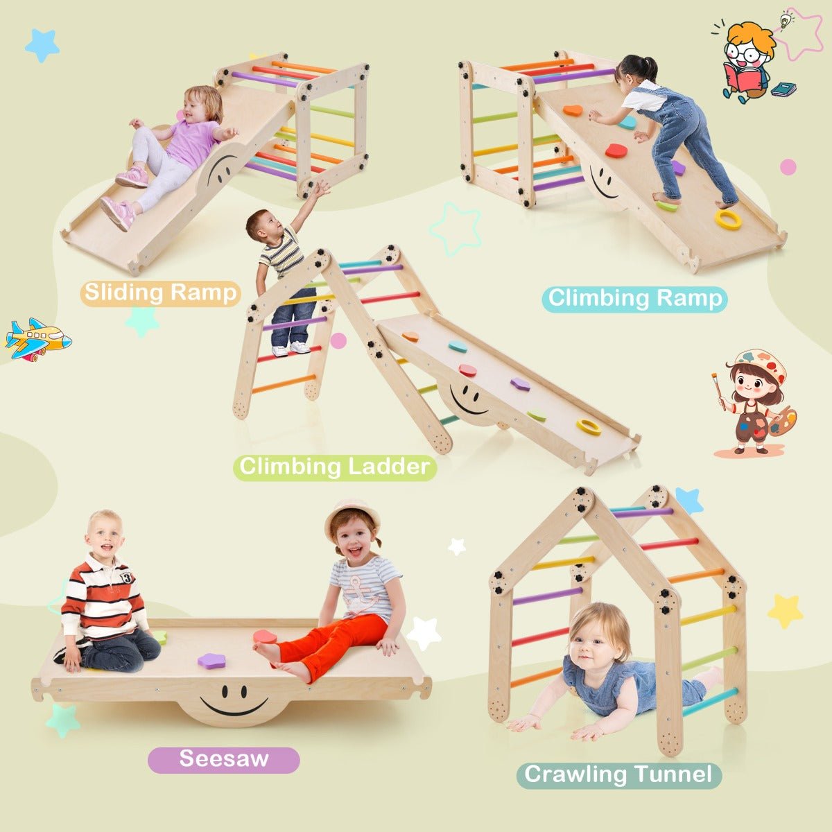 Multi Colour Climbing Triangle with Ramp, Seesaw, Tunnel - Kids Mega Mart