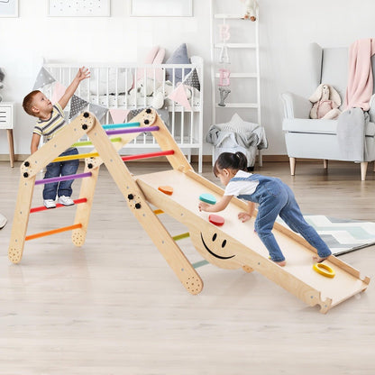 Montessori wooden climbing triangle set with ramp and seesaw for active and imaginative play