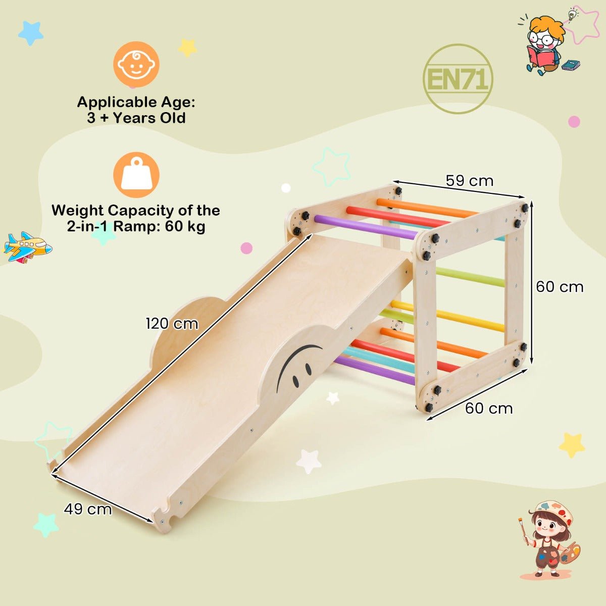Multi Colour Climbing Triangle with Ramp, Seesaw, Tunnel - Kids Mega Mart