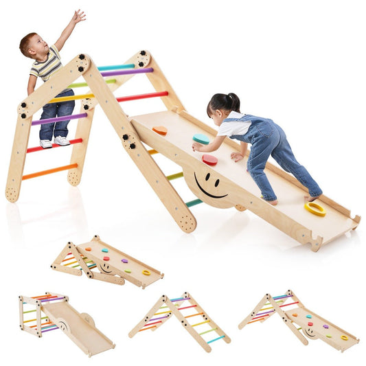 Montessori Wooden Climbing Triangle Set with Ramp and Seesaw for active indoor play.