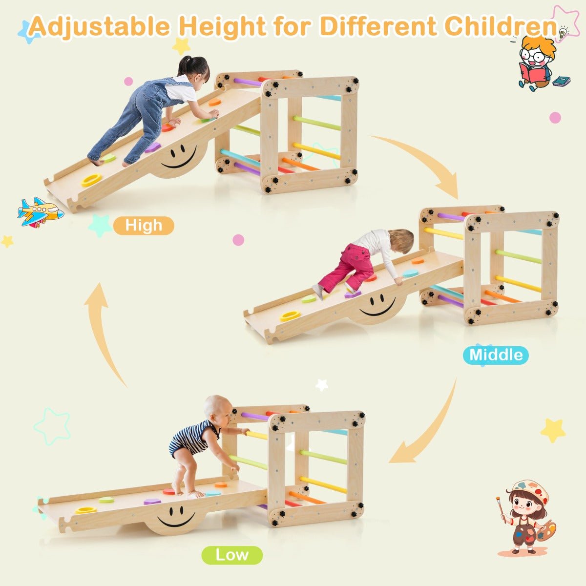 Montessori Wooden Climbing Triangle Set with Ramp and Seesaw for active indoor play.